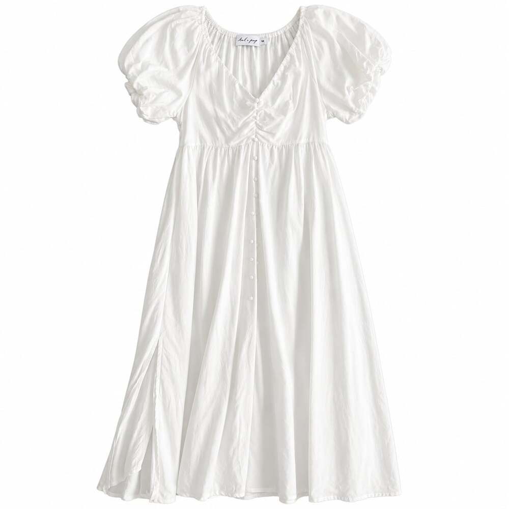 Tal + Pup White Puff Sleeve Maxi Dress Size M Ruched Cottagecore